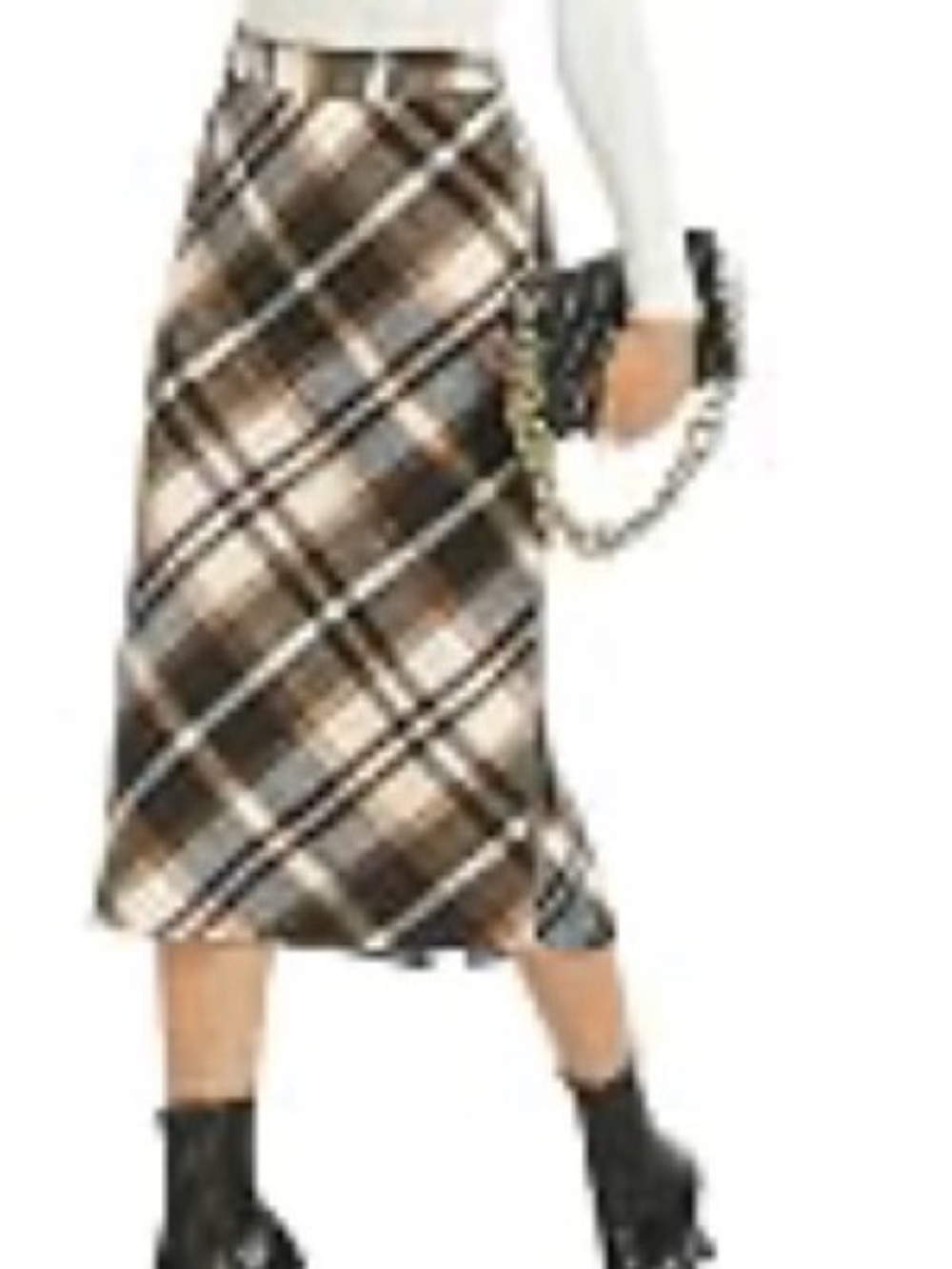 Plaid A-Line Midi Skirt in Brown and Cream